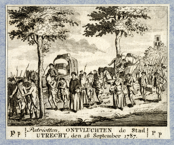 32435 Afbeelding van een stoet patriotten en militairen die de stad Utrecht hebben verlaten.